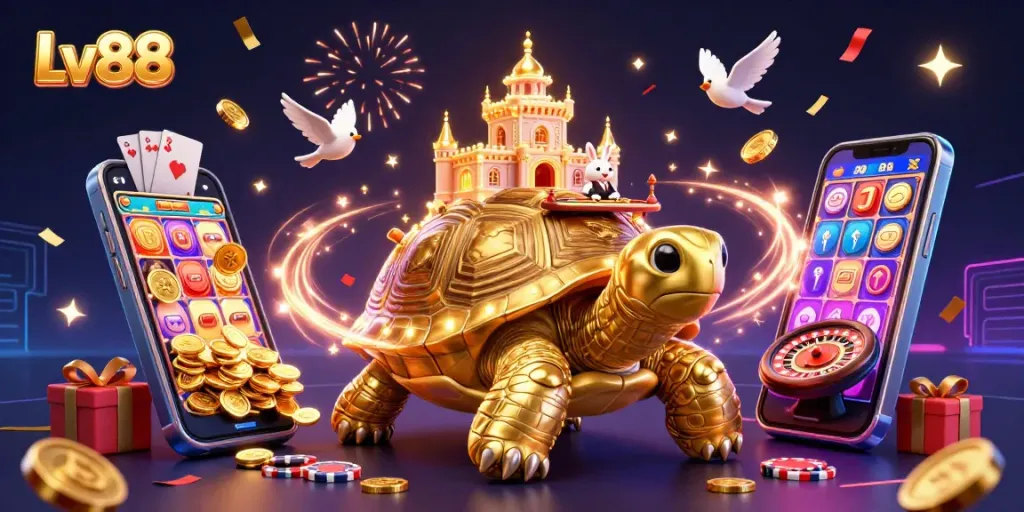 Experience Lv88's vibrant atmosphere with a golden tortoise casino scene and dynamic gameplay elements.