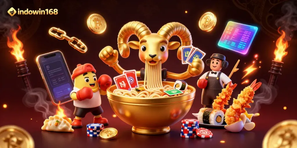 Kotak ramen emas indowin168 menampilkan aksi kartu dan chip, dikelilingi elemen crypto.