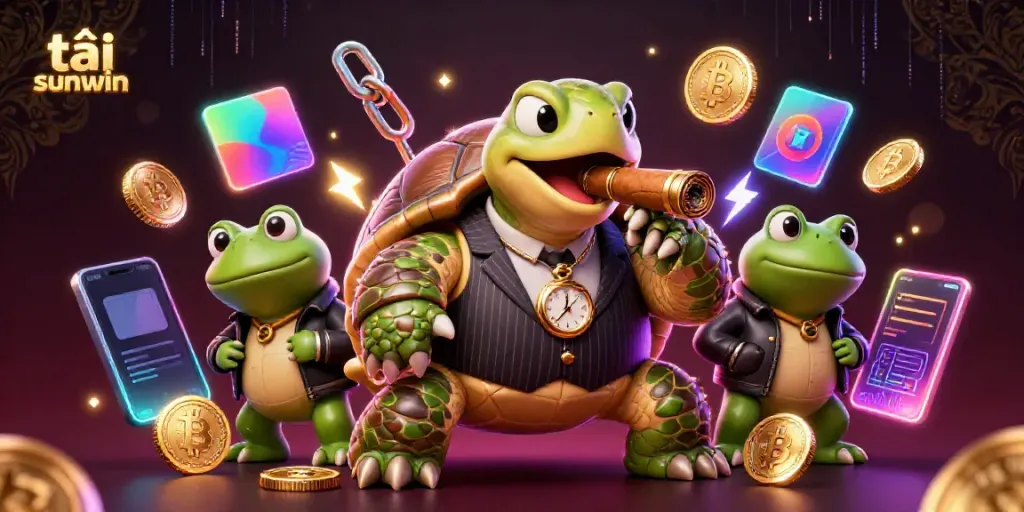 Tải sunwin with a massive cartoon turtle in a mobster suit alongside bullfrog enforcers amid crypto coins and digital displays.