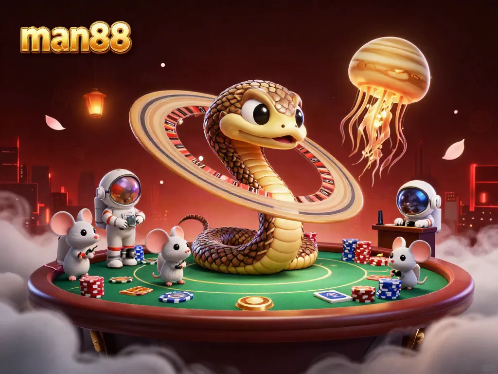 Experience man88 with a cosmic casino scene featuring a roulette wheel and poker action.