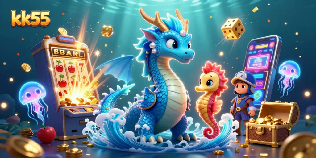 Engage with KK55's thrilling casino adventure featuring vibrant dragons, neon jellyfish, and slot machines.