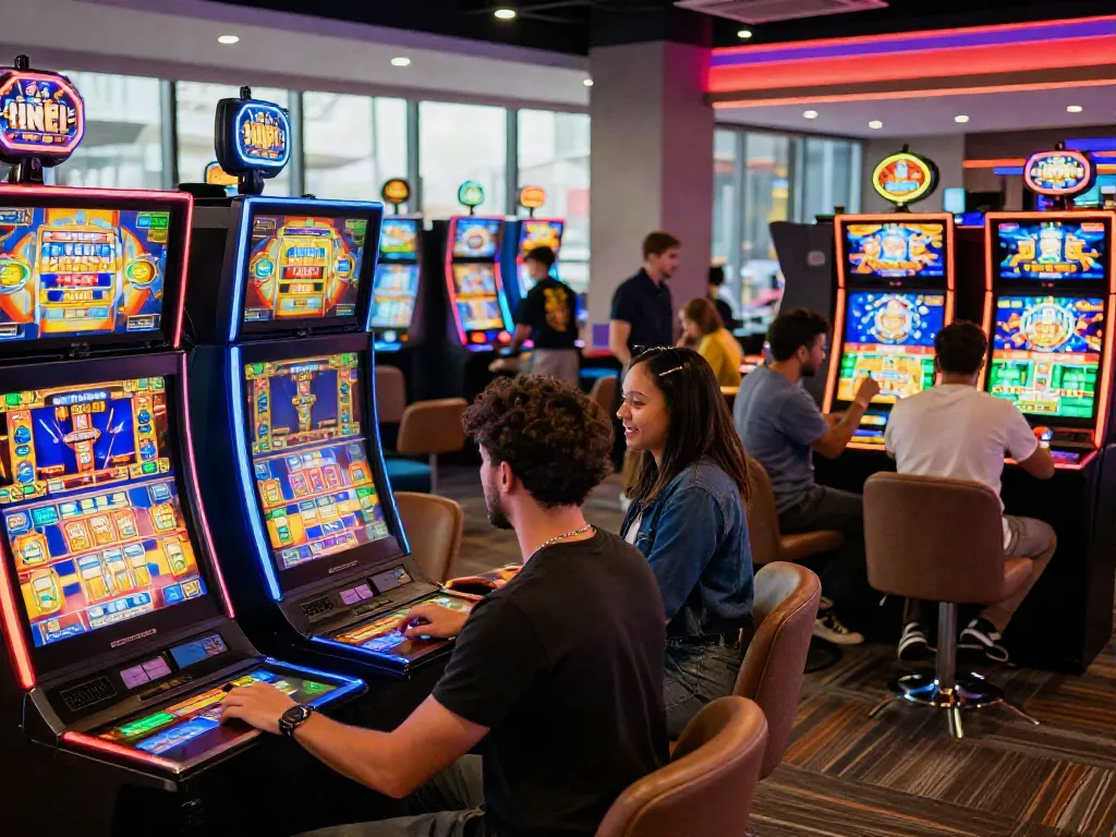 Diverse friends enjoying slot machines in a vibrant casino lounge environment, showcasing excitement and energy.