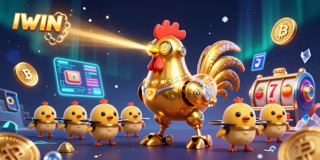 IWIN engages players in thrilling casino experiences with vibrant 3D scenes, showcasing crypto-themed elements and retro gaming flair.