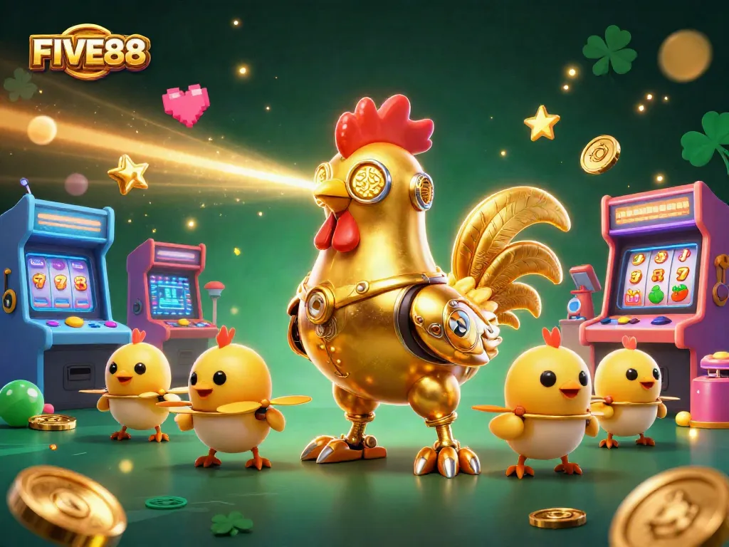 Engage in the exciting world of FIVE88 with vibrant gaming elements like slot reels and golden jackpots!