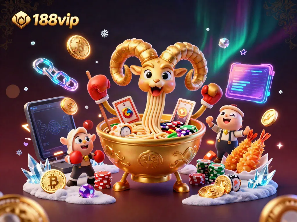 Experience n188vip with a dynamic 3D illustration featuring a golden ramen bowl interacting with casino elements.