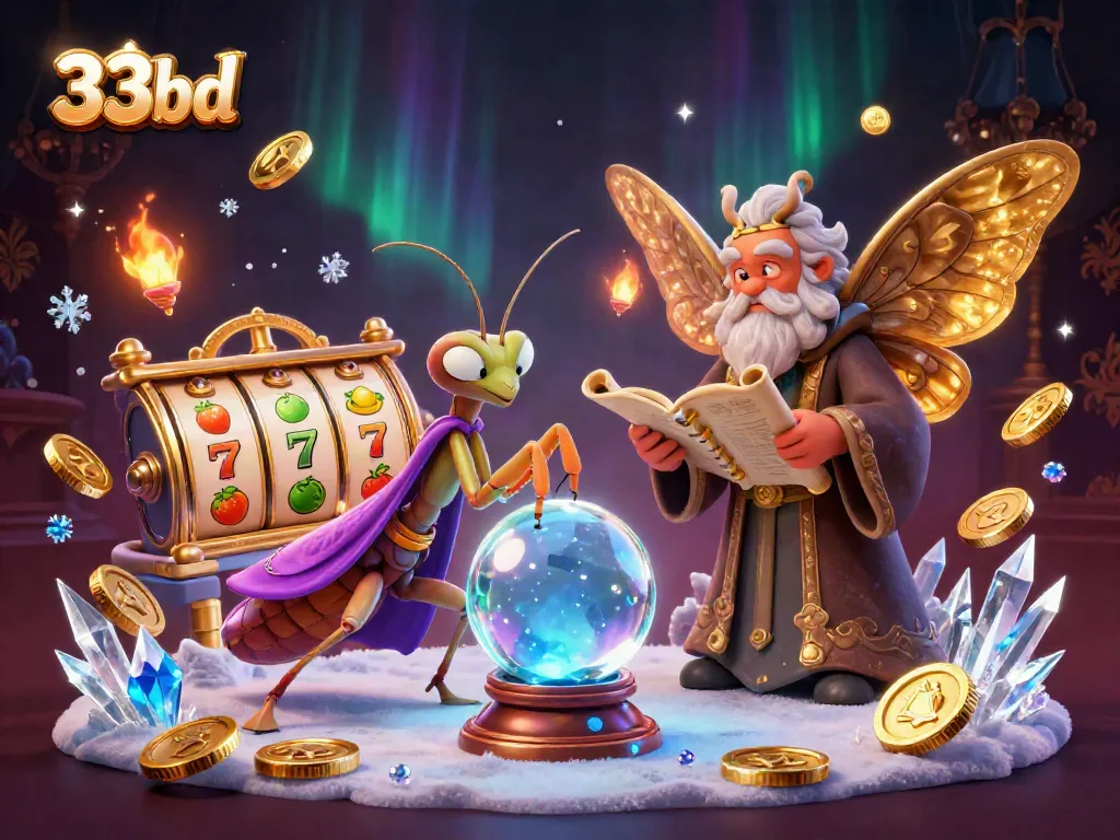 Engage with captivating games at 33bd, featuring a mystical fortune teller and luxurious casino symbols.