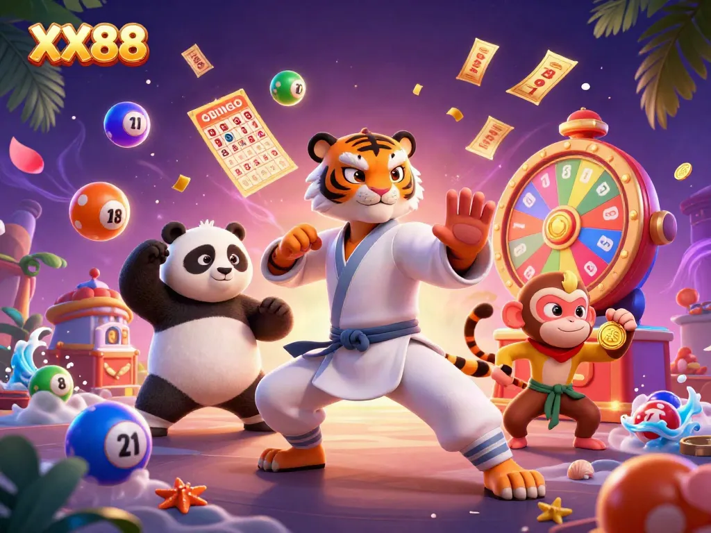 Join the XX88 adventure with a kung fu tiger mastering games amid vibrant casino elements