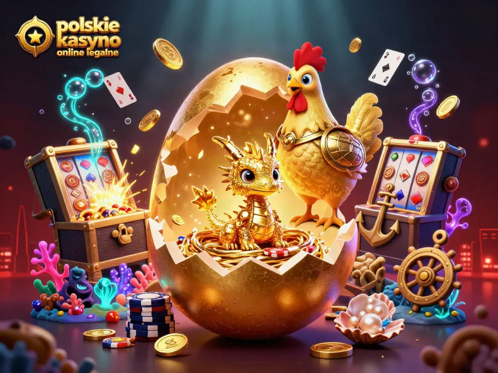 Experience the thrill at polskie kasyno online legalne with a magical illustration featuring golden creatures among vibrant casino elements.