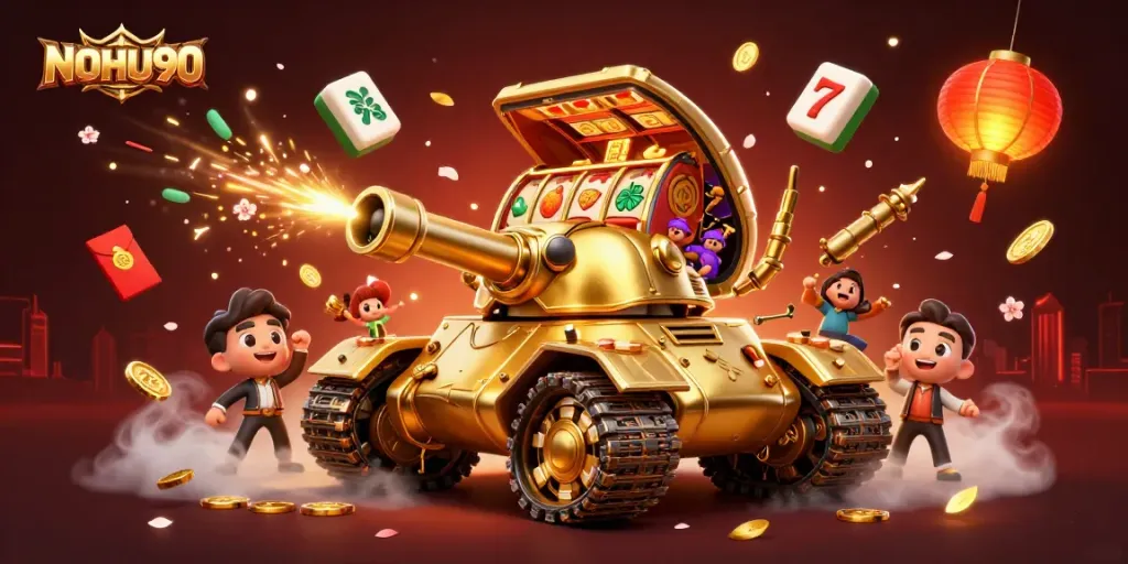 Spin to win with NOHU90 in this vibrant 3D casino illustration featuring a golden beetle tank and slot reels.