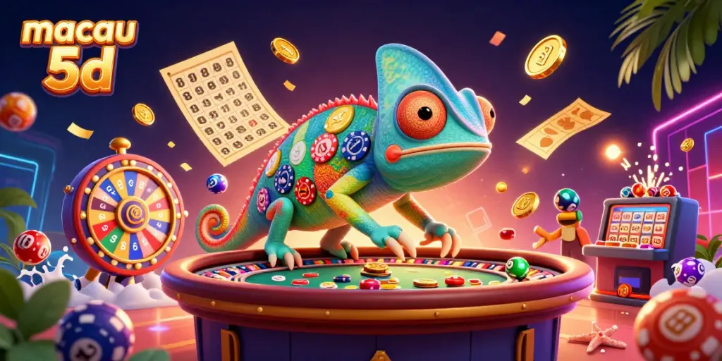 Menggunakan macau 5d, chameleon kartun besar memiliki tubuh berwarna chip poker, dikelilingi bola lotere berwarna-warni.