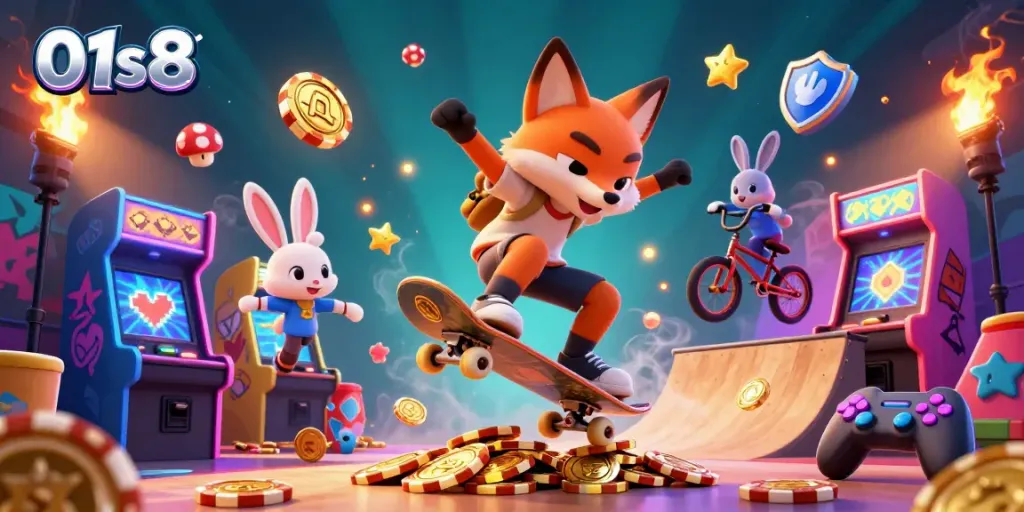 Engage in thrilling gameplay with the captivating 01s8 casino scene featuring vibrant characters.