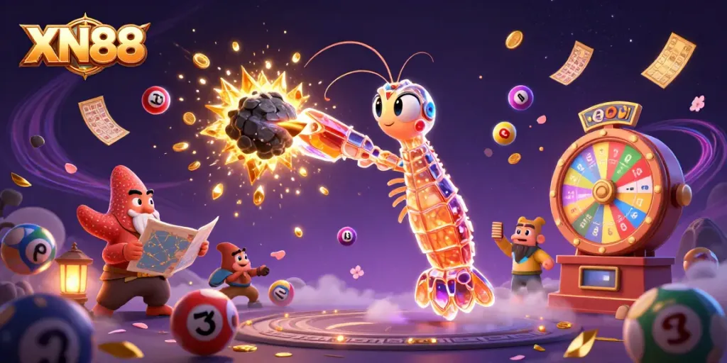 XN88 enhances your gaming experience with colorful lottery balls and golden prizes in this vibrant casino scene.