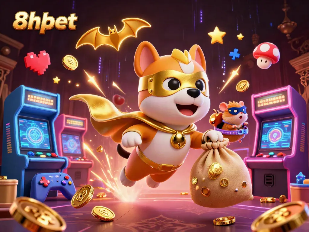 Experience thrilling gaming with 8xbet's superhero dog and hamster in a dynamic casino scene.