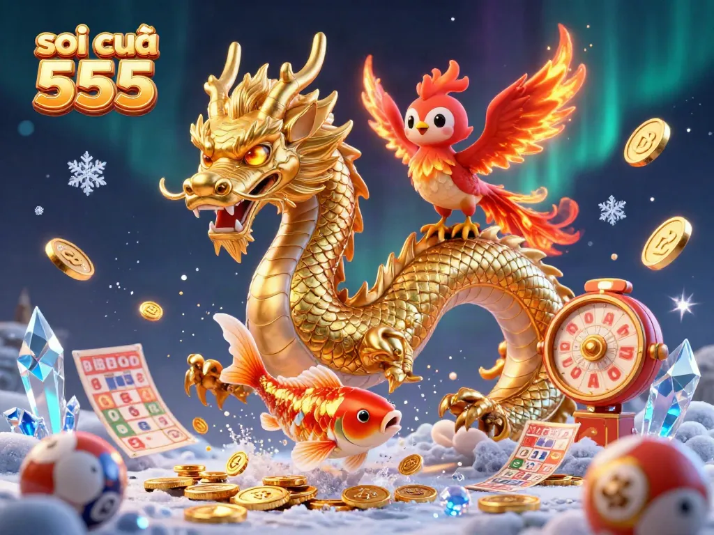 Experience the thrill of lottery with soi cầu 555, featuring enchanted dragon and a lucky koi fish.