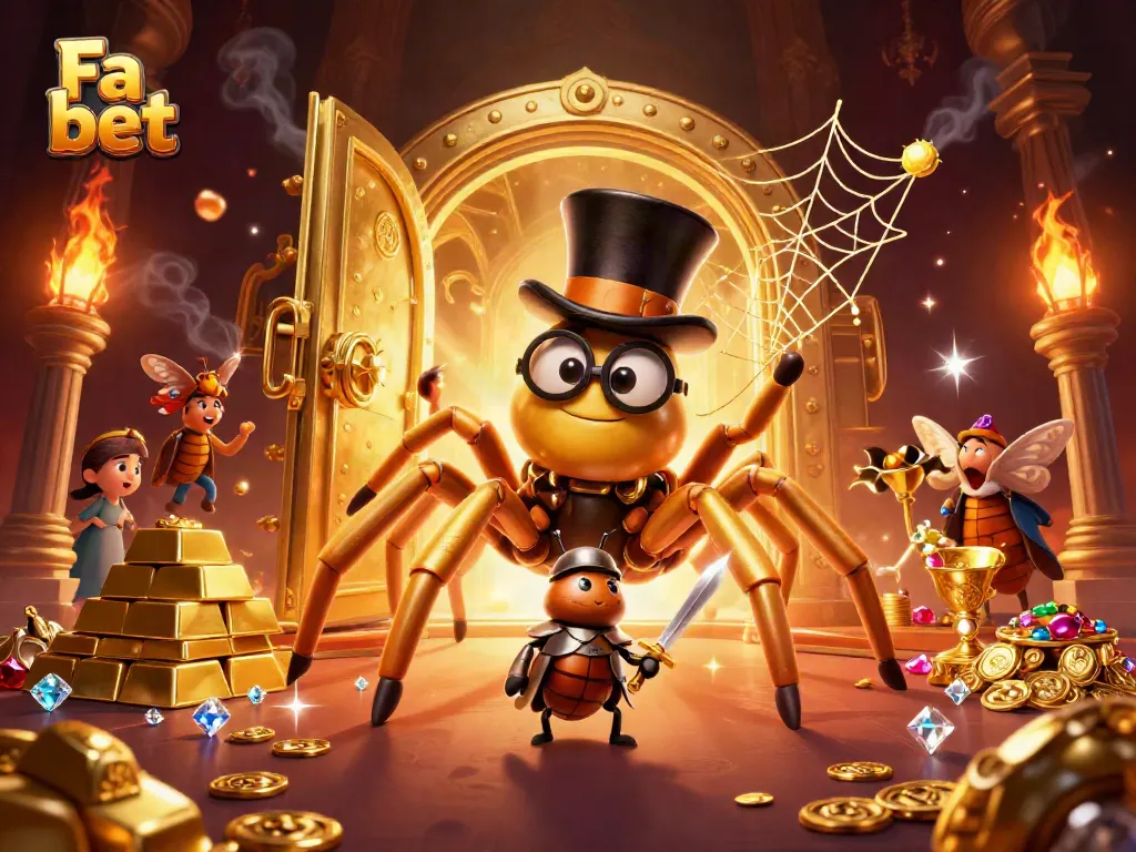 Engage with the vibrant Fa bet casino scene featuring a golden tarantula and a brave beetle knight amidst treasures.