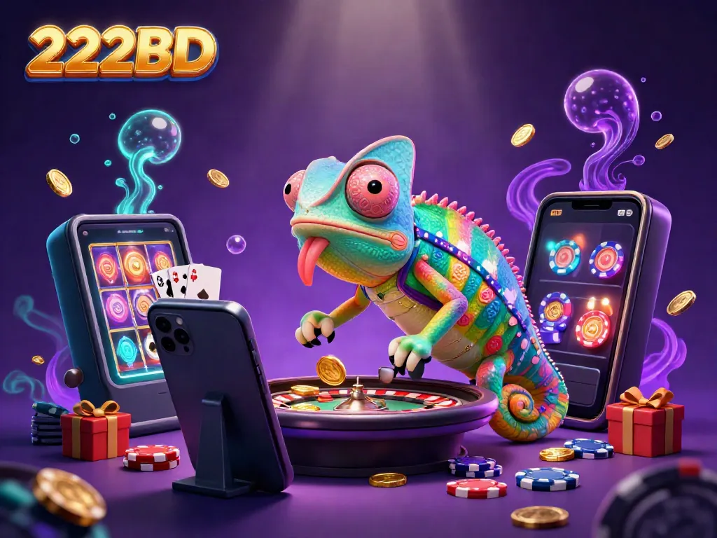 Experience vibrant action with 222BD in this 3D casino scene featuring a chameleon owner and slot elements.