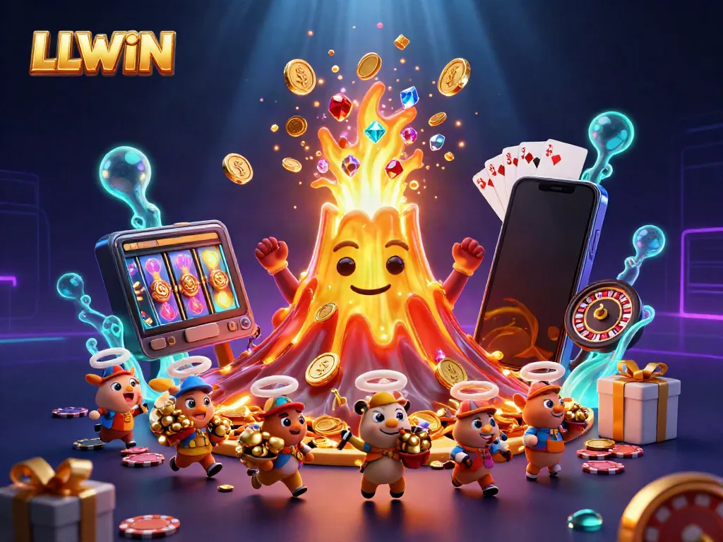Experience thrilling gameplay at LLWIN with an erupting golden volcano showering treasure, captivating gamblers.