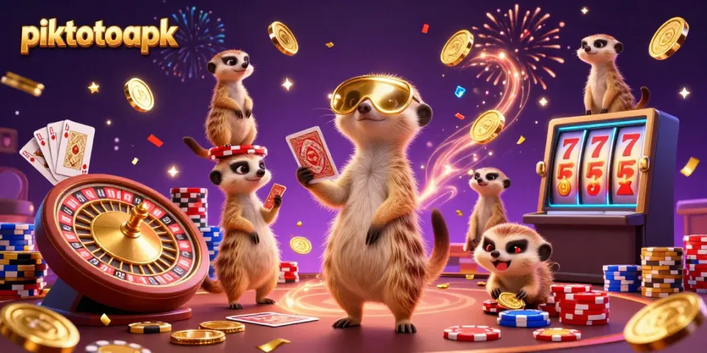 Experience the thrill of casino excitement with piktotoapk's animated meerkat casino scene filled with gold and gems.