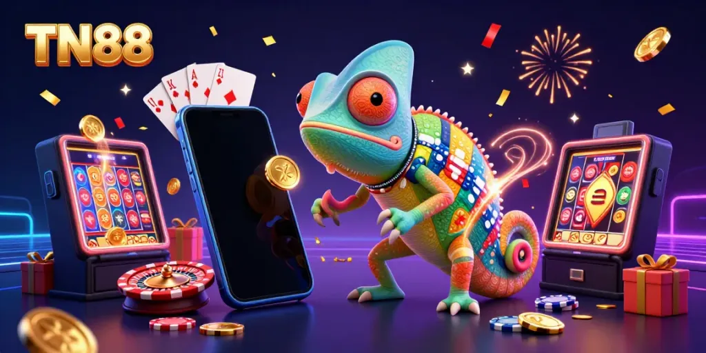 Experience dynamic gaming action in TN88 with a vibrant casino scene featuring a chameleon owner.