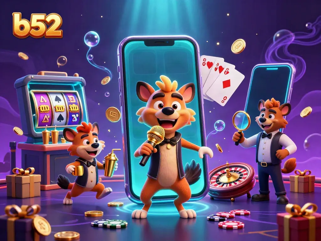 Engage with the laughter and excitement in the b52 casino, featuring comedian hyenas and vibrant gaming elements.
