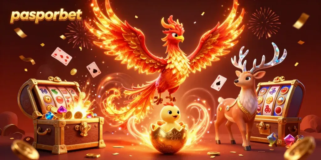 Gambarkan aksi memukau casino terinspirasi pasporbet dengan phoenix, harta karun, dan slot reels.
