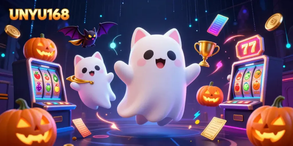 Memenangkan jackpot di UNYU168 dengan kucing hantu dalam kasino berhantu di latar belakang yang dramatis.