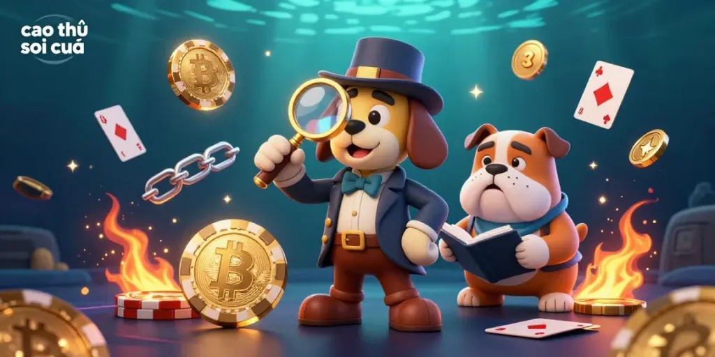 Engaging scene portraying cao thủ soi cầu with a detective and bulldog amidst vibrant gaming elements.