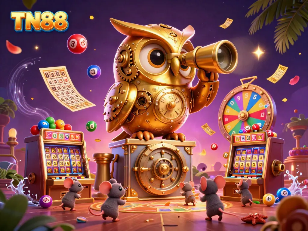 Engage in TN88 casino excitement with a golden owl surveying a vibrant gambling floor full of activities.