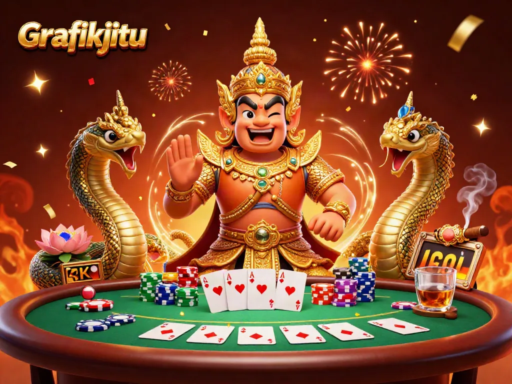 Engage with Grafikjitu's thrilling online poker scene featuring vibrant characters and dynamic game elements.