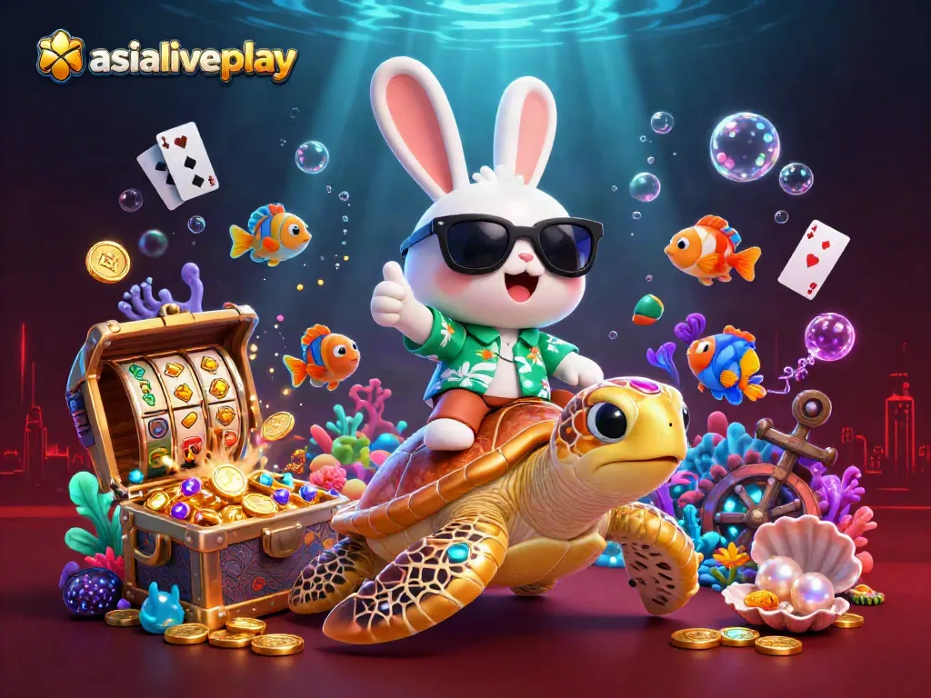 Experience the vibrant world of asialiveplay with our lucky rabbit and golden turtle in a dazzling casino scene.