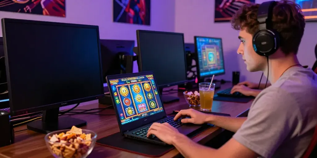 Gamer enjoying kayu77 online slot game with colorful graphics in cozy room.