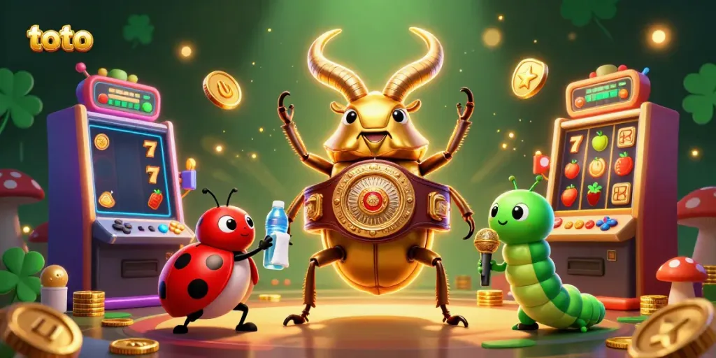 Experience thrilling action with toto in this vibrant 3D illustration featuring dynamic slot elements and whimsical characters.