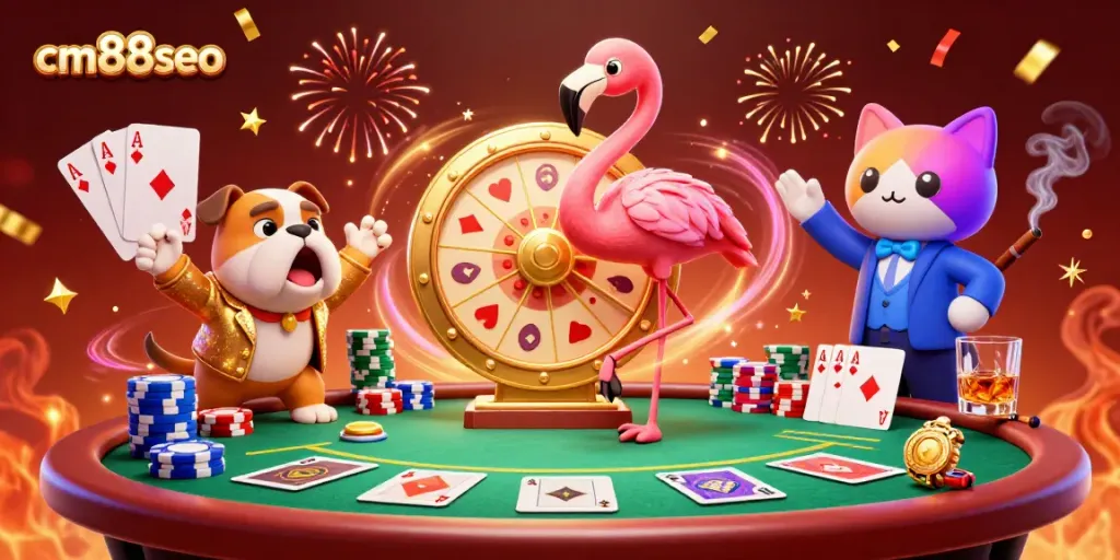 Experience the thrill with cm88seo's animated casino scene featuring a flamingo host, excited bulldog, and prizes!