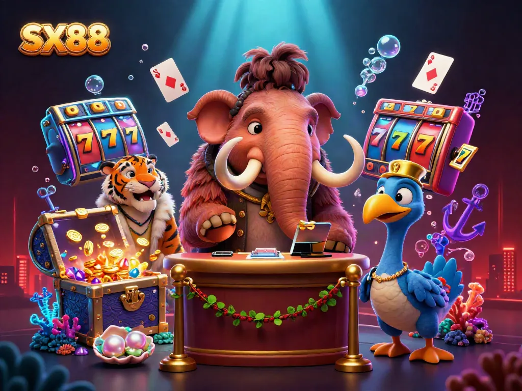 SX88-themed casino scene with a woolly mammoth bouncer checking IDs for VIPs in a vibrant underwater setting.