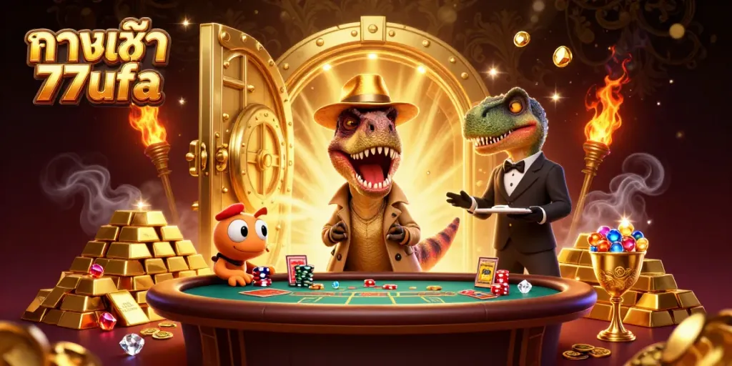 Experience the excitement at ทางเข้า 77ufa with vibrant casino characters and golden treasures!
