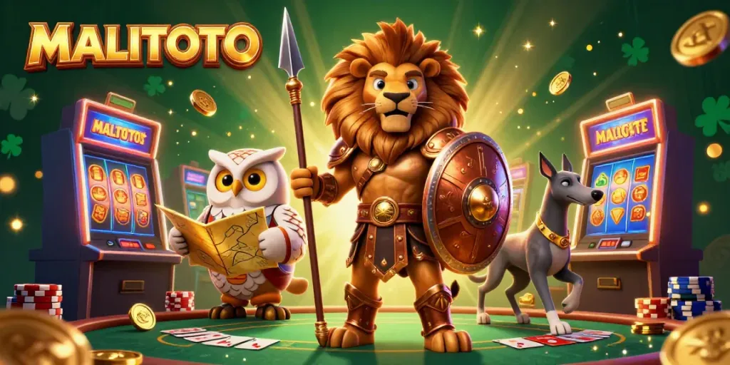 MALITOTO showcases exciting slot gameplay with a Spartan lion, tactical owl, and swift greyhound in a dynamic casino setting.