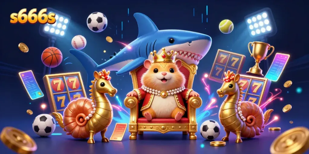 Experience the thrill of s666s with a cartoon-style casino scene featuring a golden hamster king and vibrant gaming elements.