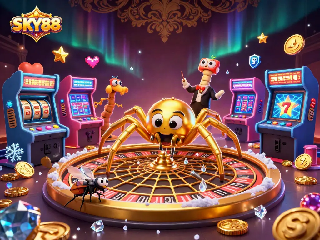 Spin the roulette wheel with SKY88 at this vibrant 3D casino scene featuring engaging characters.