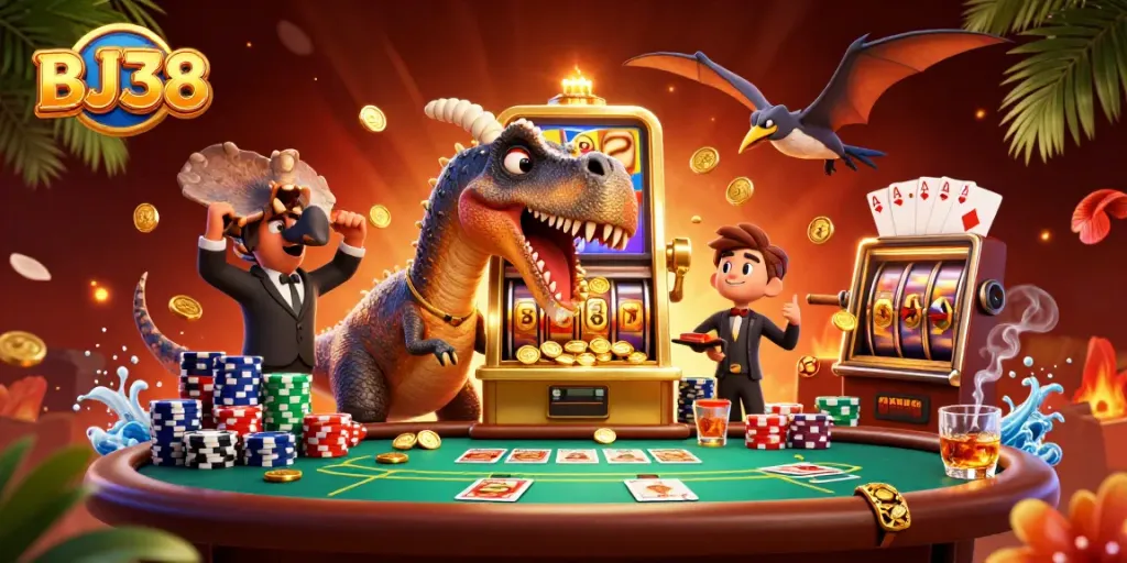 BJ38 offers animated dinosaurs engaging in casino gameplay, highlighting jackpots and thrilling wins.
