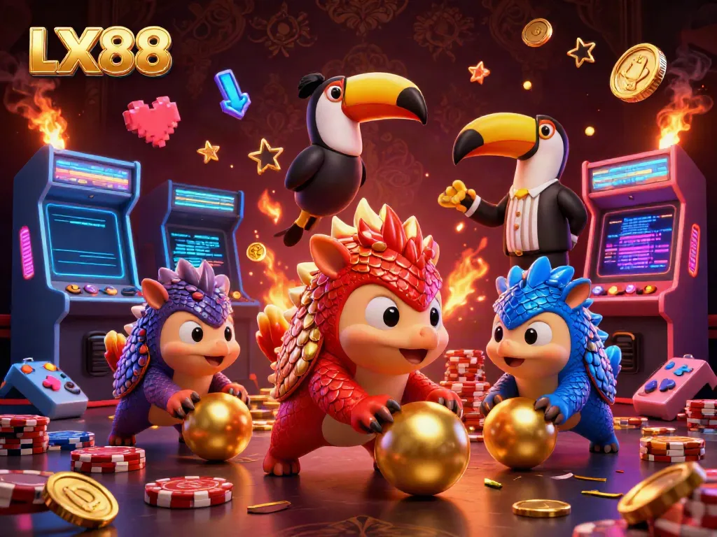 Experience LX88's thrilling rivalry with pangolins and golden gaming excitement in this vibrant illustration.