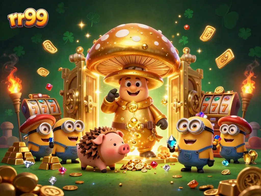 Experience the magic of rr99 in a vibrant casino world with enchanting golden treasures and dynamic slot elements.