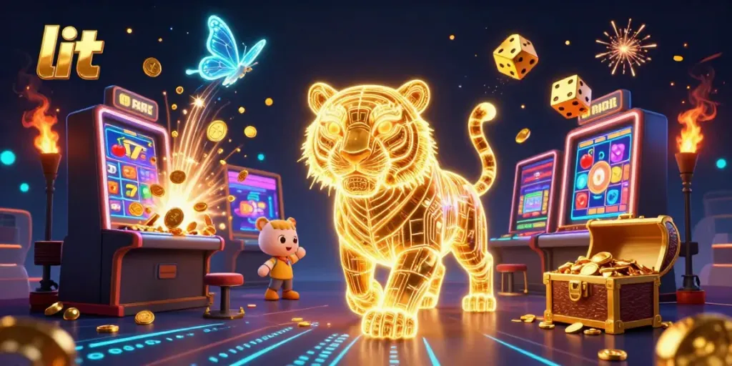 Experience lit excitement with a neon golden tiger in a vibrant digital casino.