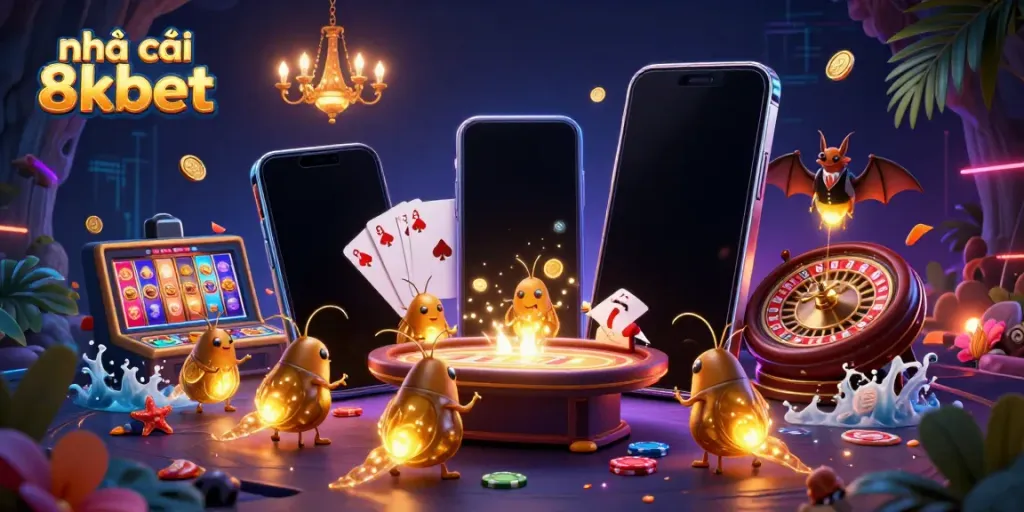 Engage in gaming at nhà cái 8kbet with vibrant glowworms and a bat dealer illuminating the casino scene.