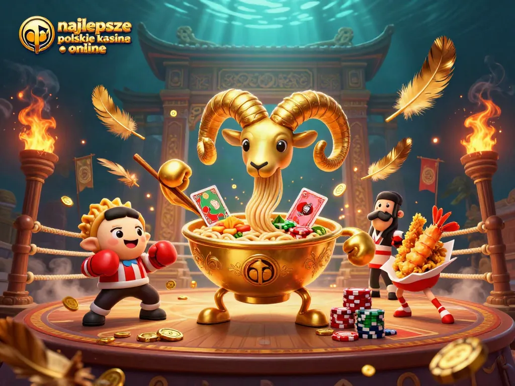 Experience the thrill at najlepsze polskie kasyna online with this vibrant 3D illustration featuring a cartoon ramen bowl dealer.