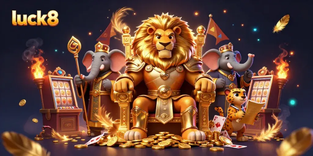 Experience thrilling games at luck8 with a lion king and vibrant casino atmosphere.
