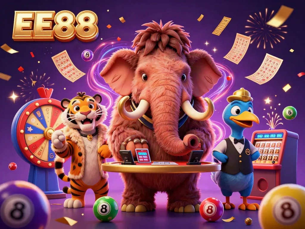 Experience EE88's excitement with energetic characters and vibrant casino elements in this 3D illustration.