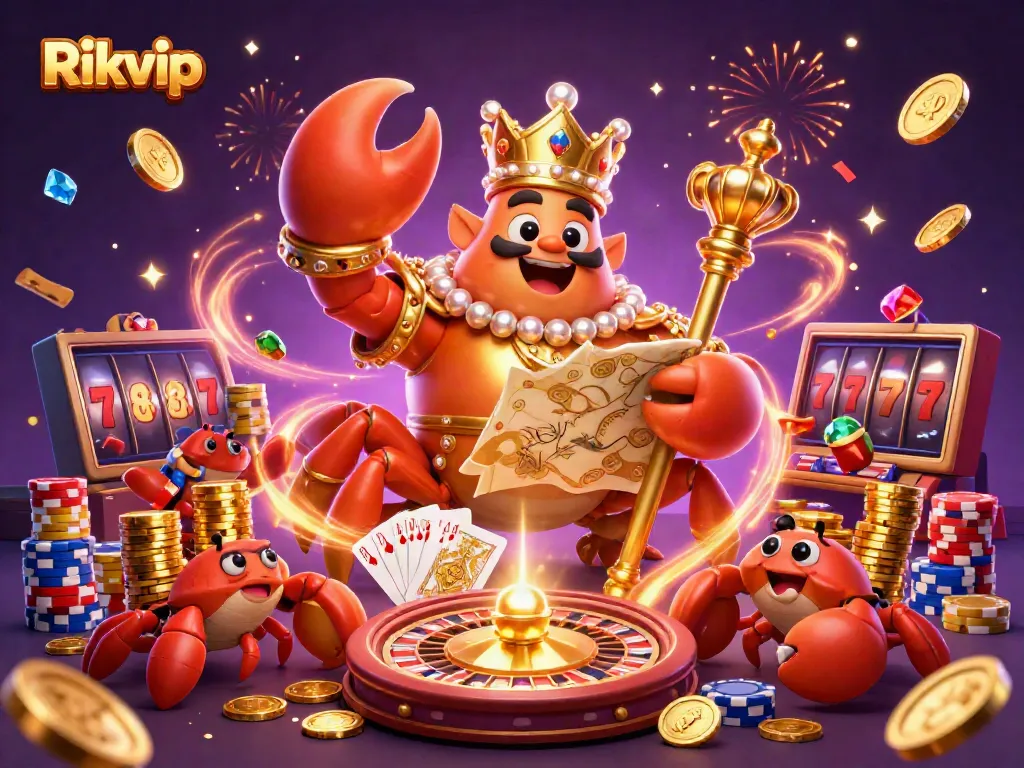Experience the vibrant world of Rikvip with the golden crab emperor and dynamic casino elements in this energetic illustration.