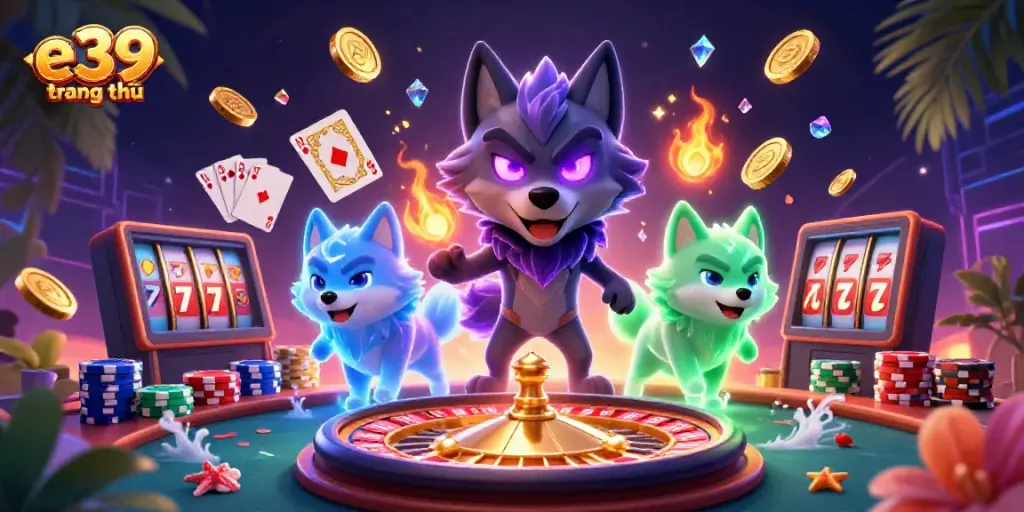 Experience thrilling gameplay with e39 trang chủ in this dynamic casino illustration showcasing lucky symbols and energy.