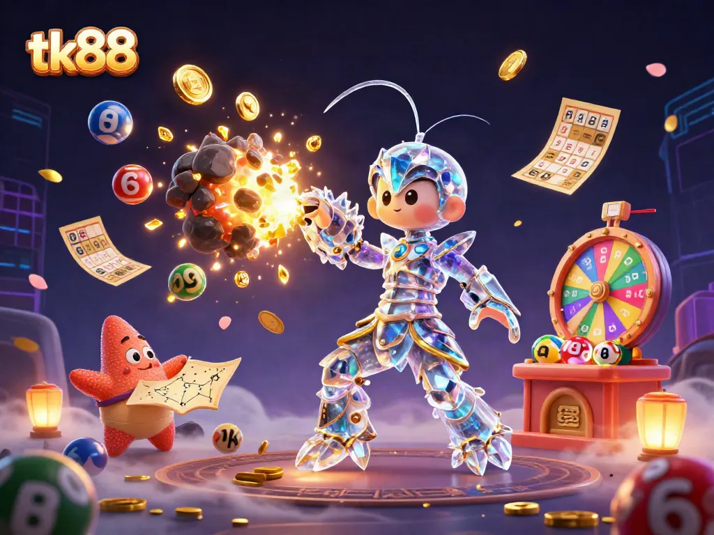 Experience tk88's thrilling casino games with an animated scene of adventure and vibrant prizes.