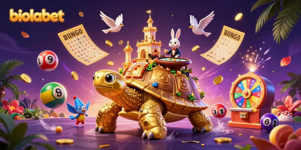 Engage with biolabet's vibrant casino scene featuring a golden tortoise and dynamic gaming elements.